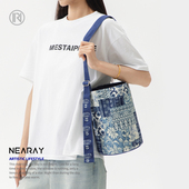 尼睿国风新款 青花飘带水桶包休闲手提包单肩包休闲原创帆布包Z017