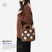 尼睿冬季 新款 复古小花羊羔毛手拎斜挎小包日常通勤帆布包女AC78