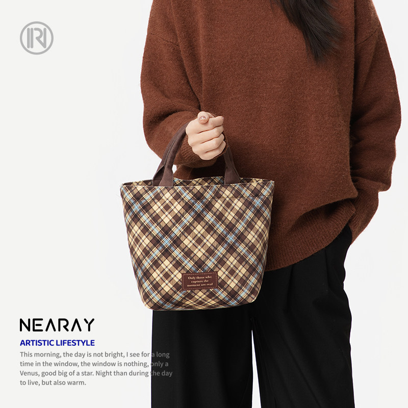 尼睿冬季新款复古格纹手提包上班通勤饭盒袋小巧手拎帆布袋女Q331