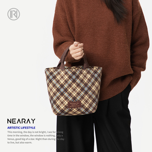 尼睿冬季 复古格纹手提包上班通勤饭盒袋小巧手拎帆布袋女Q331 新款