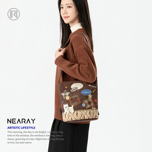 尼睿新款puppy立体编织拼贴椭圆底拉链水桶包日常通勤帆布包AE02