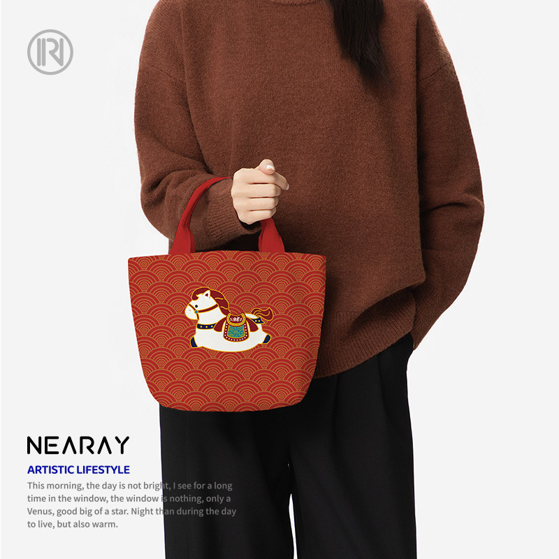 2026马年新年红色手提包国风小马印花帆布袋喜庆便携手拎小包AC90