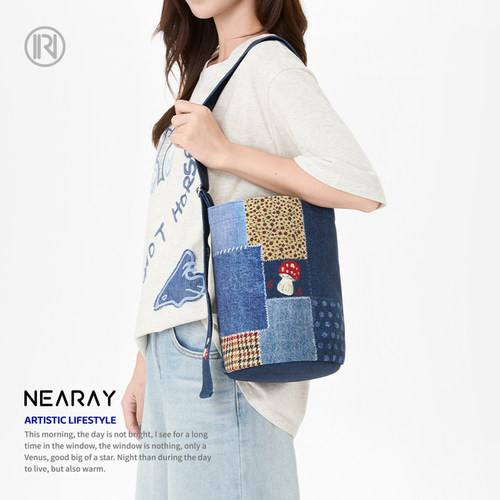 尼睿拼布蘑菇复古百搭水桶包