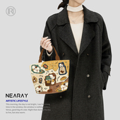 尼睿新款 可爱猫猫咖啡面包手拎小包日常百搭通勤帆布包包女Q131