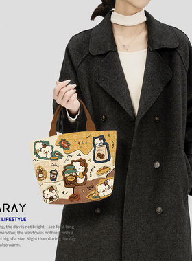 尼睿新款可爱猫猫咖啡面包手拎小包日常百搭通勤帆布包包女Q131