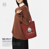 新款 红色复古小熊单肩包大容量通勤百搭水桶包外出休闲帆布包Q353