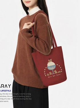 新款红色复古小熊单肩包大容量通勤百搭水桶包外出休闲帆布包Q353