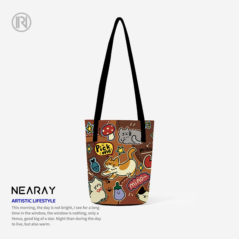 尼睿原创新款创意拼贴可爱猫咪大容量水桶包时尚复古百搭单肩包AC,箱包皮具/热销女包/男包,通用款女包,淘宝优惠券,粉丝福利购,淘宝优惠卷