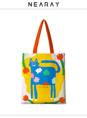 尼睿x宝鹿 原创帆布包可爱猫咪单肩包包女大容量拉链购物袋手拎袋