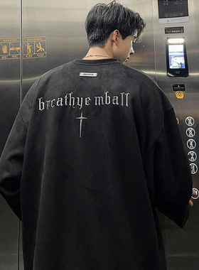 万同学潮牌麂皮绒刺绣卫衣圆领套头运动衫23秋季男士宽松大码上衣