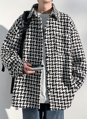万同学小香风千鸟格外套男时尚翻领格子外衣秋季新品青年帅气夹克