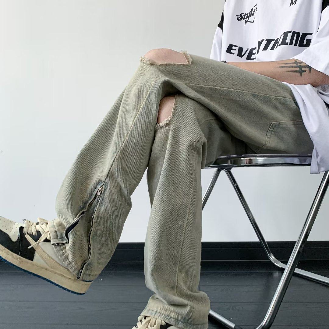 万同学膝盖破洞牛仔裤宽松拉链裤脚设计喇叭裤夏季帅气复古长裤男,男装,牛仔裤,淘宝优惠券,粉丝福利购,淘宝优惠卷