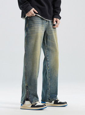 万同学复古做旧牛仔裤日系时尚拉链裤脚设计直筒长裤秋季休闲裤男