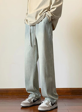 万同学美式松紧抽绳牛仔裤青年时尚直筒长裤秋季新品宽松休闲裤男