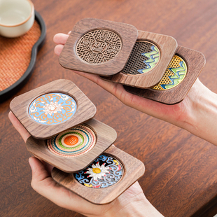 远舍胡桃木四方茶杯垫珐琅彩实木隔热垫杯托家用高档功夫茶具配件