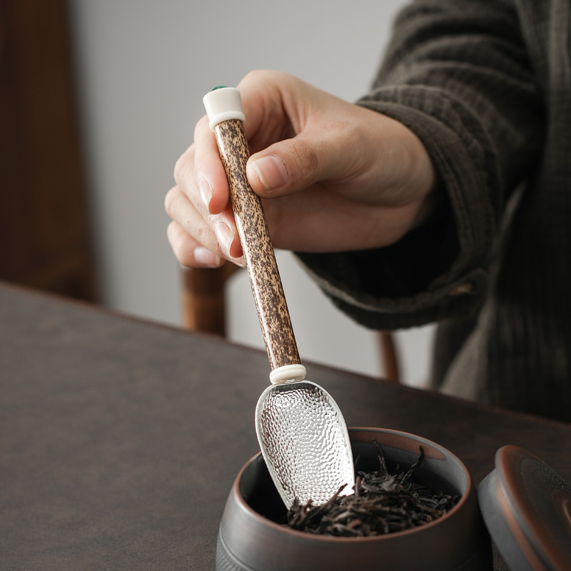 远舍斑竹锡茶勺茶则茶匙茶铲取茶器手工日式复古功夫茶具茶道零配