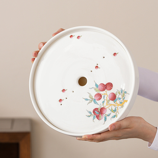 远舍羊脂玉白瓷圆形茶盘功夫茶具日式家用干泡台储水式陶瓷茶托盘