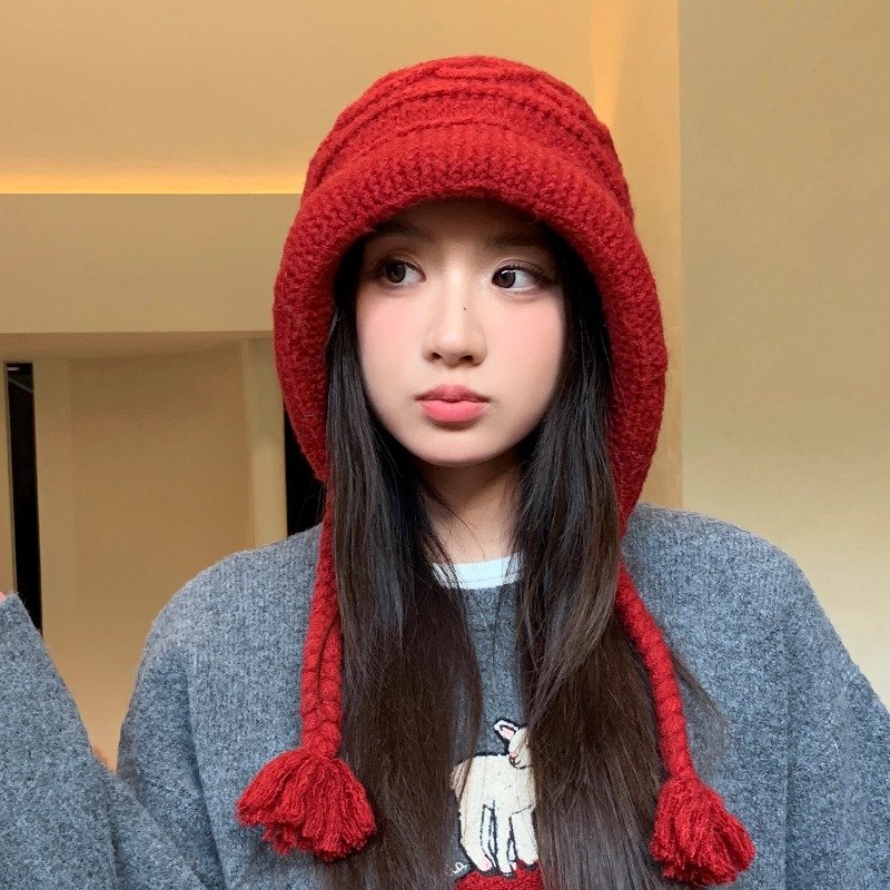 甜美可爱小红帽女秋冬天针织毛线帽系带护耳保暖百搭显脸小包头帽
