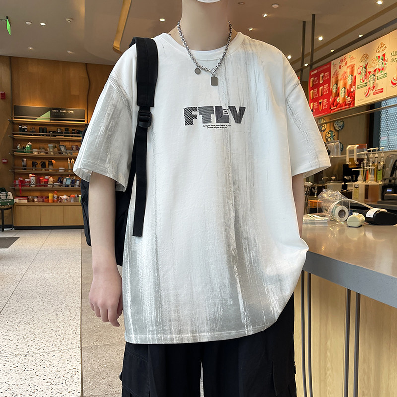 新款夏季男潮流宽松服潮牌学生短袖T恤纯棉上衣圆领五分袖半袖T恤