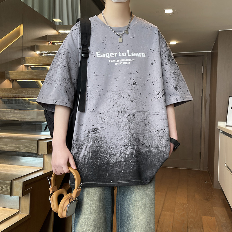 新款夏季男潮流宽松服潮牌学生短袖T恤纯棉上衣圆领五分袖半袖T恤