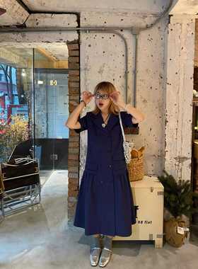 Amorphous Egg经典返场棉麻正肩西装设计 拼接大裙摆双排扣连衣裙