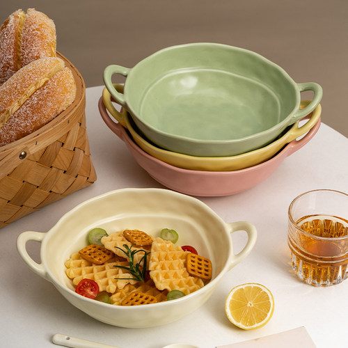 ins奶油风陶瓷汤碗大号双耳酸奶碗螺蛳粉专用泡面碗水果碗沙拉碗