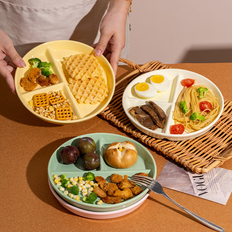 陶瓷211减脂分格餐盘圆形三格盘子早餐大人儿童分餐盘减肥水果盘