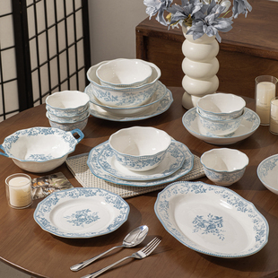 牧初法式中古风陶瓷餐具碗盘釉下彩饭碗家用26年新款青花复古套装