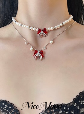 NiceMood蝴蝶结流苏珍珠项链爆闪