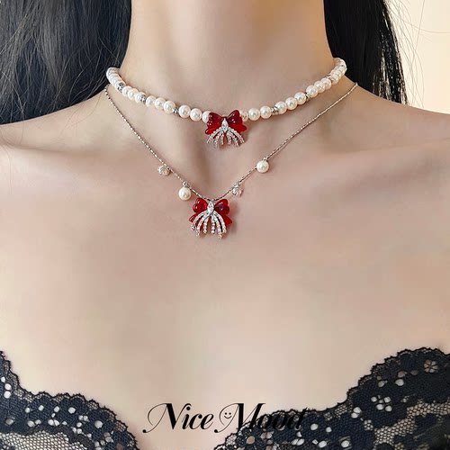 NiceMood蝴蝶结流苏珍珠项链爆闪