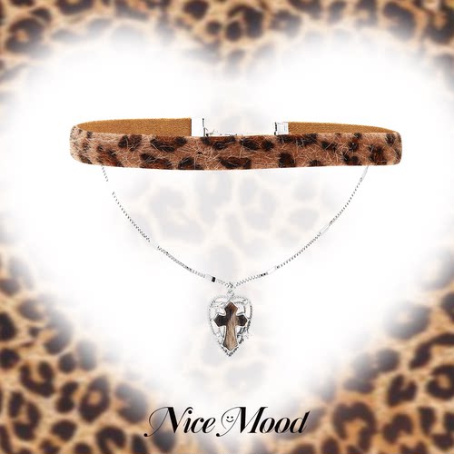 豹纹十字架choker项链甜酷辣妹