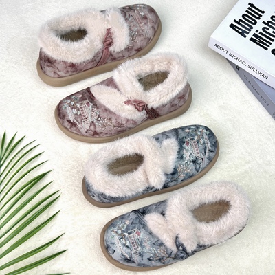 绣花棉鞋加绒保暖雪地靴民族风植物花卉冬季妈妈棉靴女毛靴休闲风