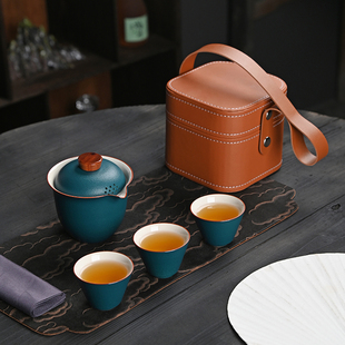 户外随身泡茶便携包快客杯一壶三杯功夫茶杯茶壶 陶瓷旅行茶具套装