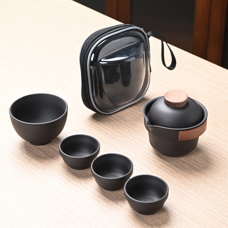 紫砂旅行茶具套装黑陶瓷户外便携式茶水分离快客杯泡茶壶一壶四杯