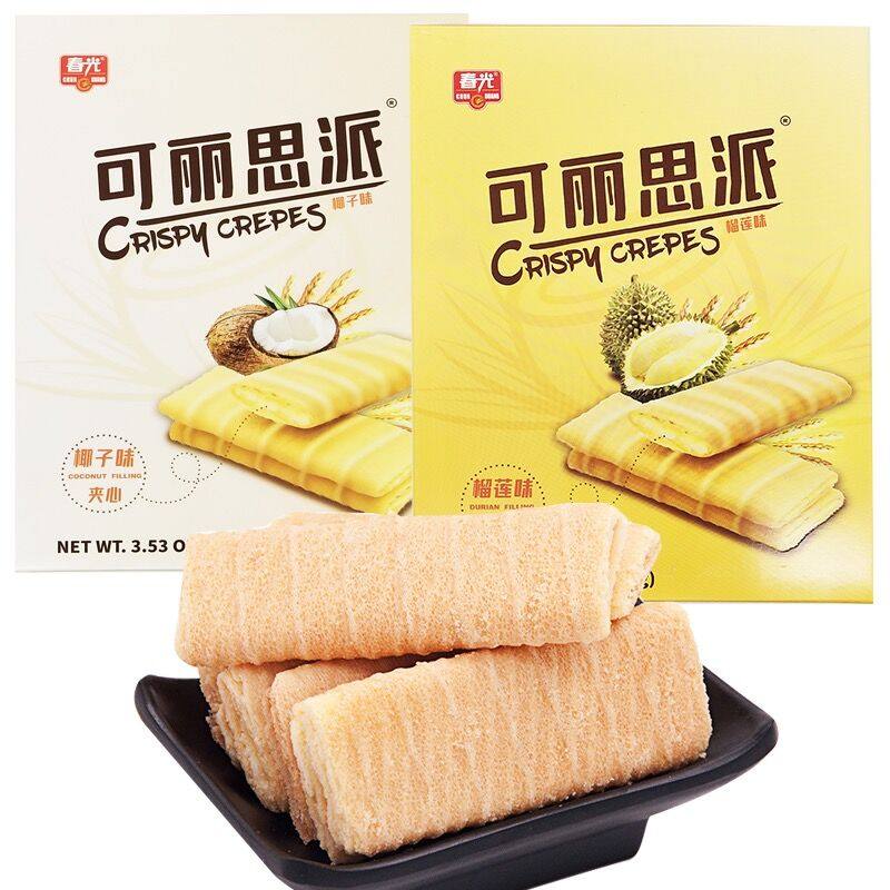 春光可丽思派100g盒装榴莲味椰子味海南特产原汁夹心饼干休闲零食
