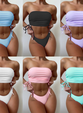 A strapless bikini裹胸比基尼泳衣女性感抽绳绑带抹胸分体游泳装