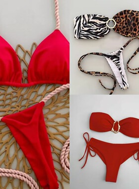 bikini分体泳衣纯色女士泳装游泳衣温泉度假抹胸Separate 系带
