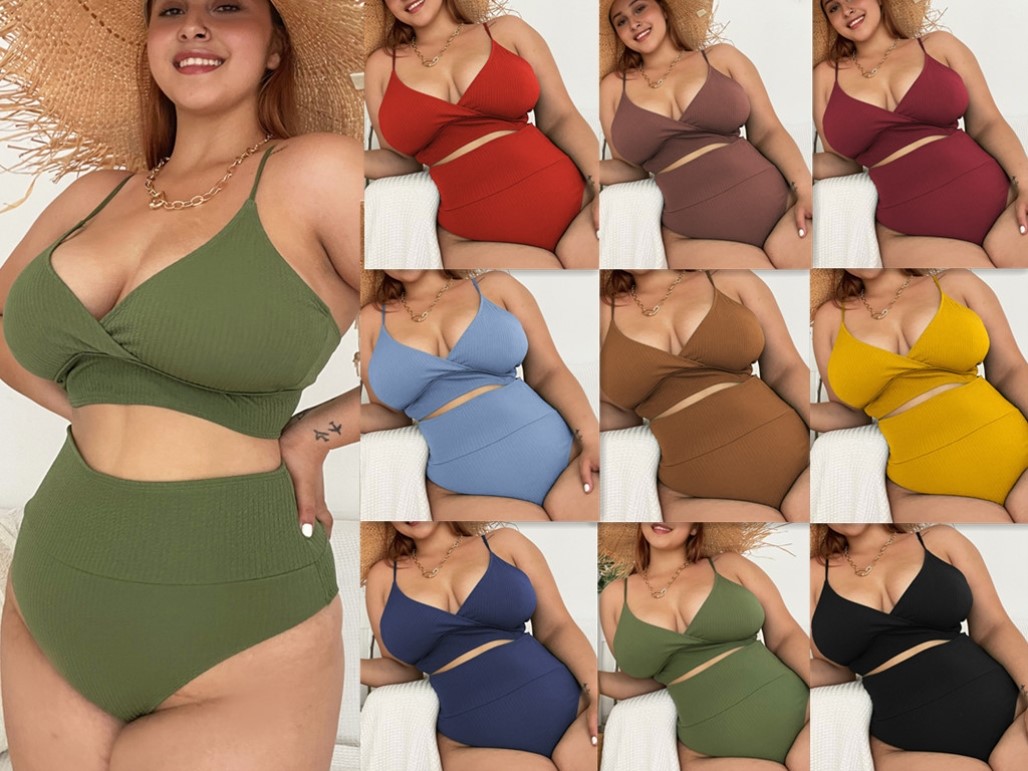 Plus sizes bikini swimsuit欧美女士大码v领绑带高腰比基尼泳衣