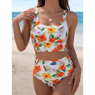 bikini 双肩带高腰印花保守涉水运动比基尼泳衣女分体 Separate