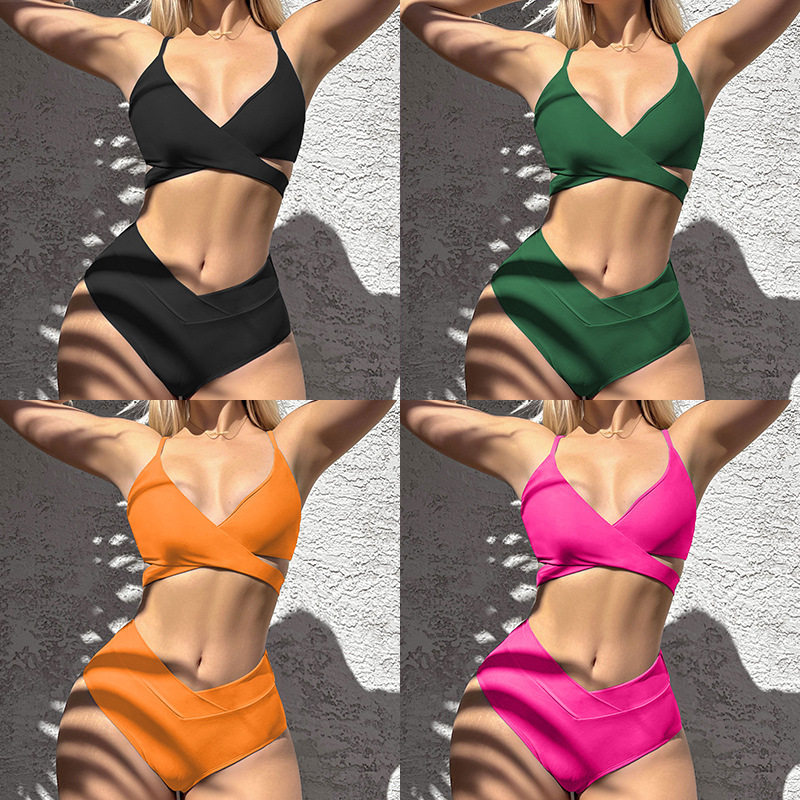 新款欧美风纯色系带性感比基尼分体泳衣泳装女two-piece swimsuit