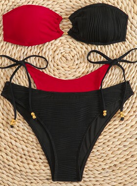 bikini泳衣女抹胸分体式比基尼性感绑带金属珠泳装Color-matching