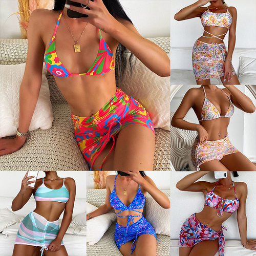 Printed triangle cup bikini花朵印花绑带性感比基尼三件套泳装