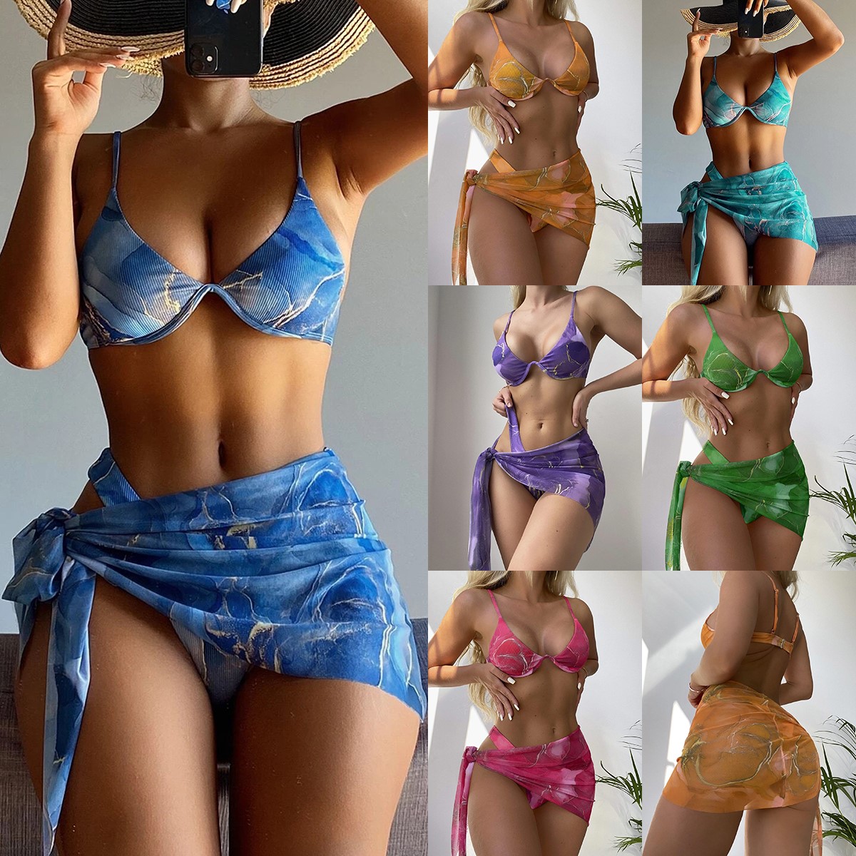 欧美外贸游泳衣女分体三角三件套钢托跨境辣妹ins比基尼网红泳装