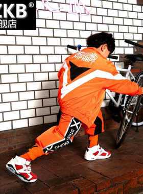 。儿童街舞套装男童秋冬hiphop宽松外套裤子橘黄色嘻哈演出服装潮