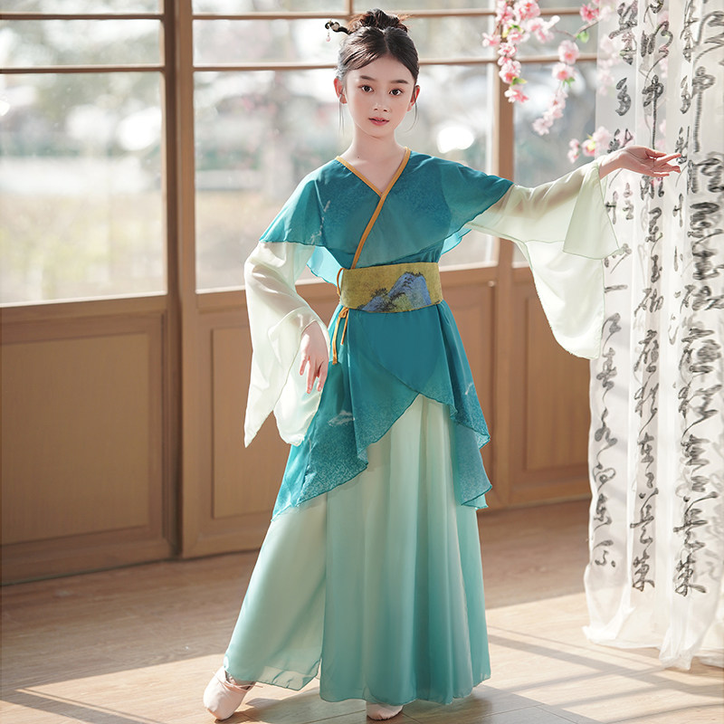 女童汉服儿童新中式古筝演出服古典舞蹈服超仙古装只此青绿表演服