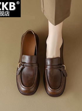 时尚简约休闲轻便女士皮鞋圆头乐福鞋复古风小众设计棕色粗跟单鞋