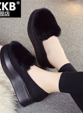 时尚简约休闲厚底松糕底单鞋一脚蹬黑色百搭学生板鞋毛毛鞋豆豆鞋