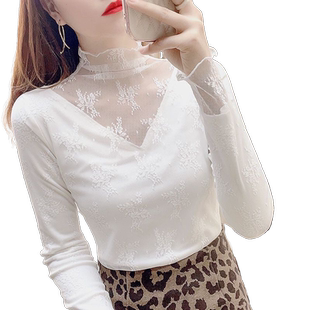 秋冬气质穿搭白色高领蕾丝打底衫女加绒小衫毛衣内衬蕾丝加厚上衣