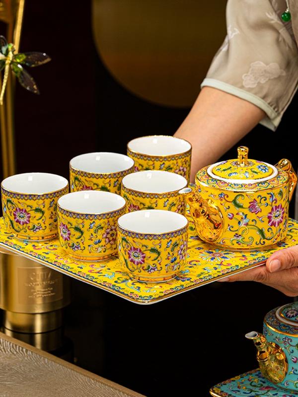 景德镇高端珐琅彩青花陶瓷茶具套装2024新款竹节壶茶杯水具礼盒装