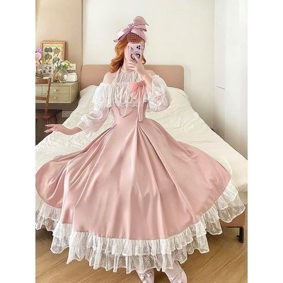 粉梦绮罗 秋日蝴蝶结清楚系温柔优雅露肩lolita拼接蕾丝连衣裙